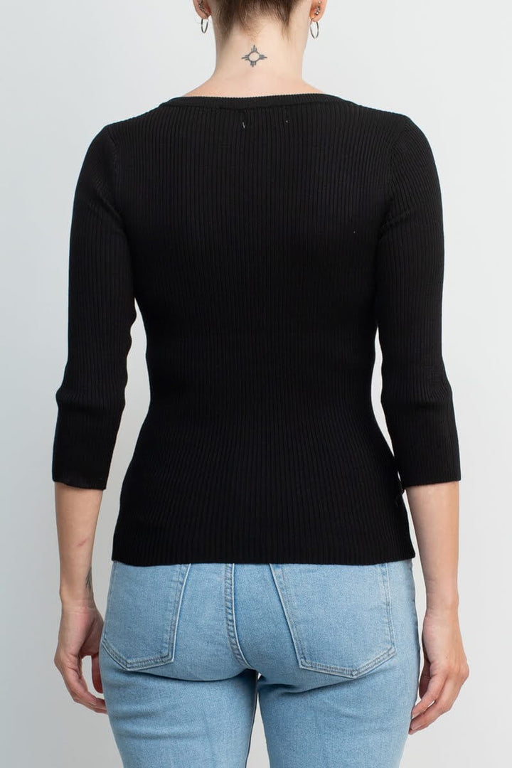 Carmen by Carmen Marc Valvo Boat Neck Cutout Front 3/4 Sleeve Ribbed Pullover Gold and Crystal Hardware Trim Solid Knit Top-2