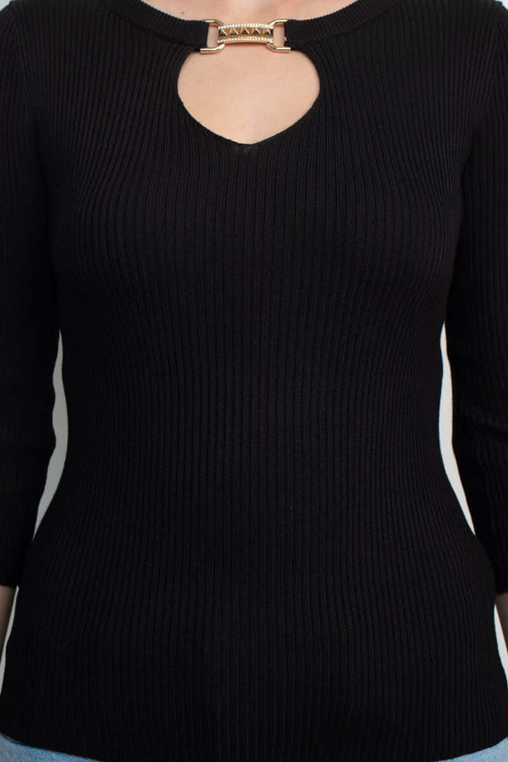 Carmen by Carmen Marc Valvo Boat Neck Cutout Front 3/4 Sleeve Ribbed Pullover Gold and Crystal Hardware Trim Solid Knit Top-3