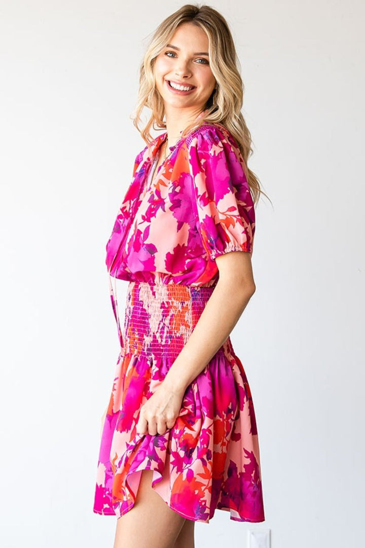 First Love Floral Short Sleeve Smocked Mini Dress-2