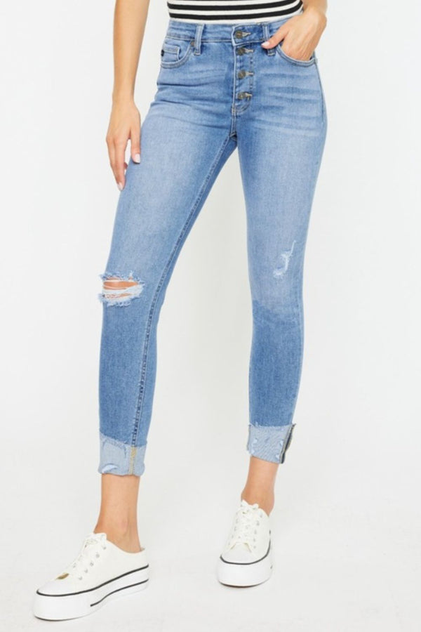 Kancan Distressed Cat's Whiskers Button Fly Jeans-0