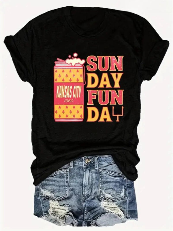 KC, Football Graphic Print T-Shirt - Crew Neck, A Comfortable Women's Short-sleeved Crew Neck T-shirt For Everyday Wear And Stylish Layering