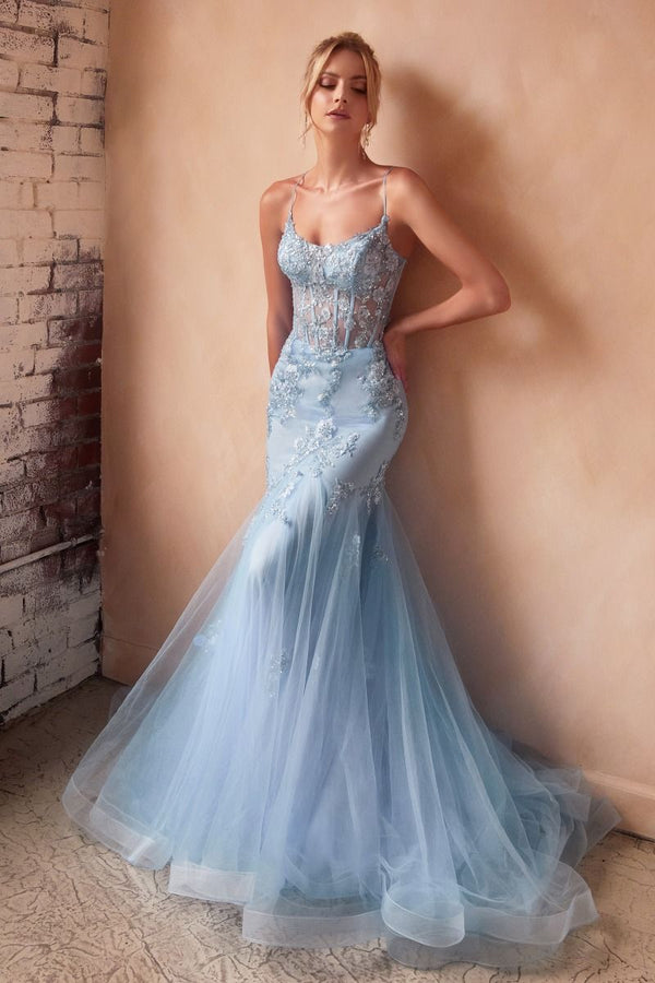 Embellished Pastel Open Back Sheer Bodice Mermaid Long Prom Dress CDD145-0