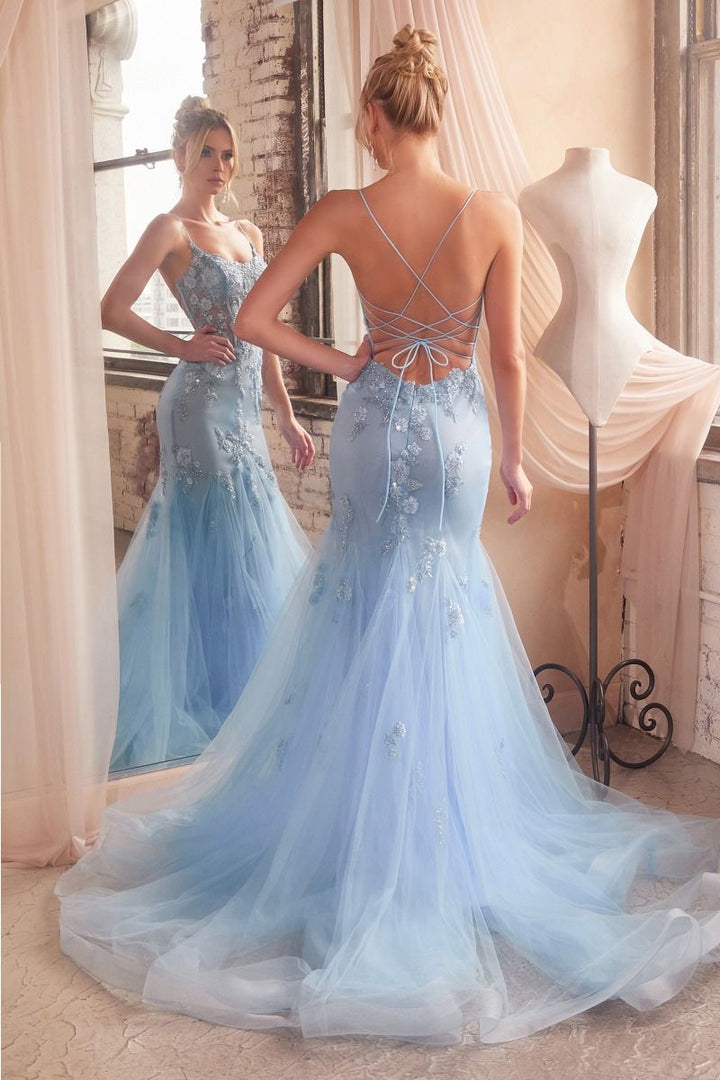 Embellished Pastel Open Back Sheer Bodice Mermaid Long Prom Dress CDD145-2