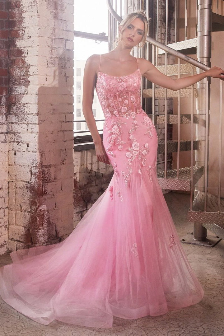 Embellished Pastel Open Back Sheer Bodice Mermaid Long Prom Dress CDD145-3