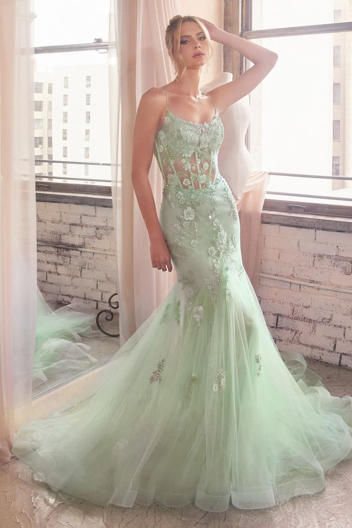 Embellished Pastel Open Back Sheer Bodice Mermaid Long Prom Dress CDD145-6