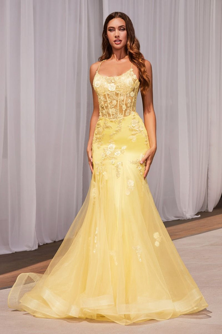 Embellished Pastel Open Back Sheer Bodice Mermaid Long Prom Dress CDD145-4