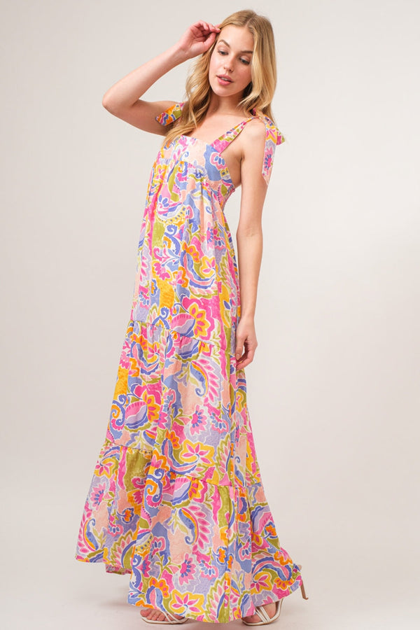 And The Why Full Size Printed Tie Shoulder Tiered Maxi Dress-0