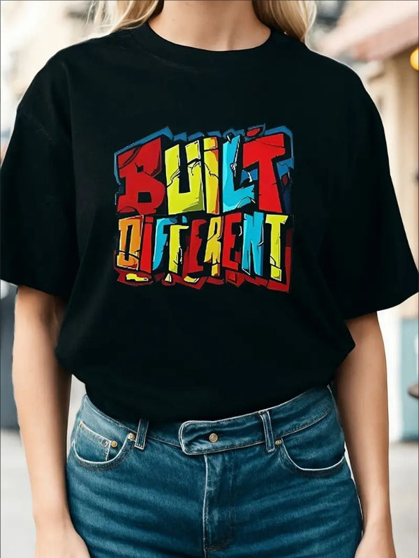 Women's Letter Print Short Sleeve T-shirt - Casual Crew Neck Top For Spring And Summer, Comfortable And Relaxed Fit Clothing For Everyday Wear