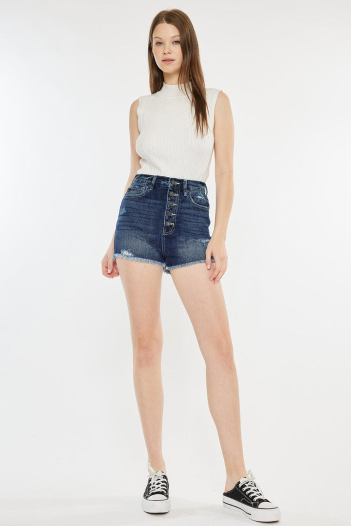 Kancan Raw Hem Button Fly Denim Shorts-4