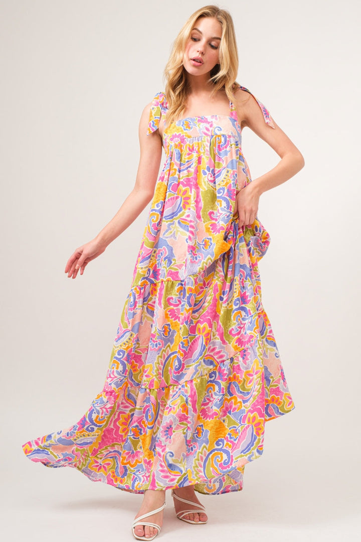 And The Why Full Size Printed Tie Shoulder Tiered Maxi Dress-2