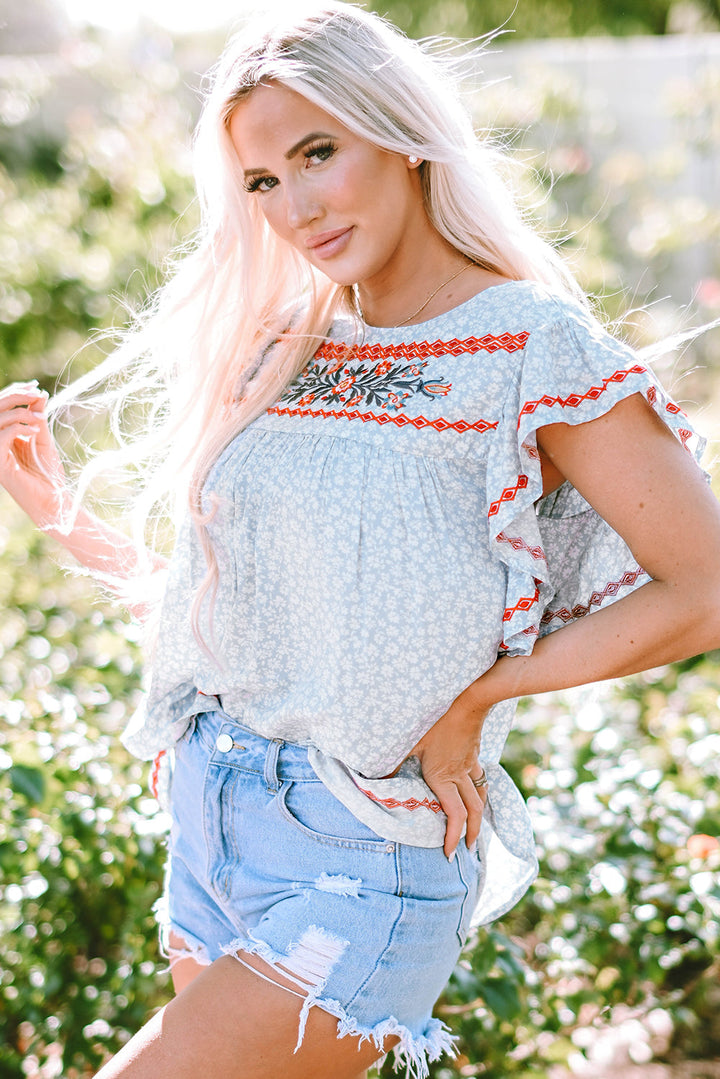 Angie Boho Embroidered Floral Print Flutter Sleeve Blouse-2
