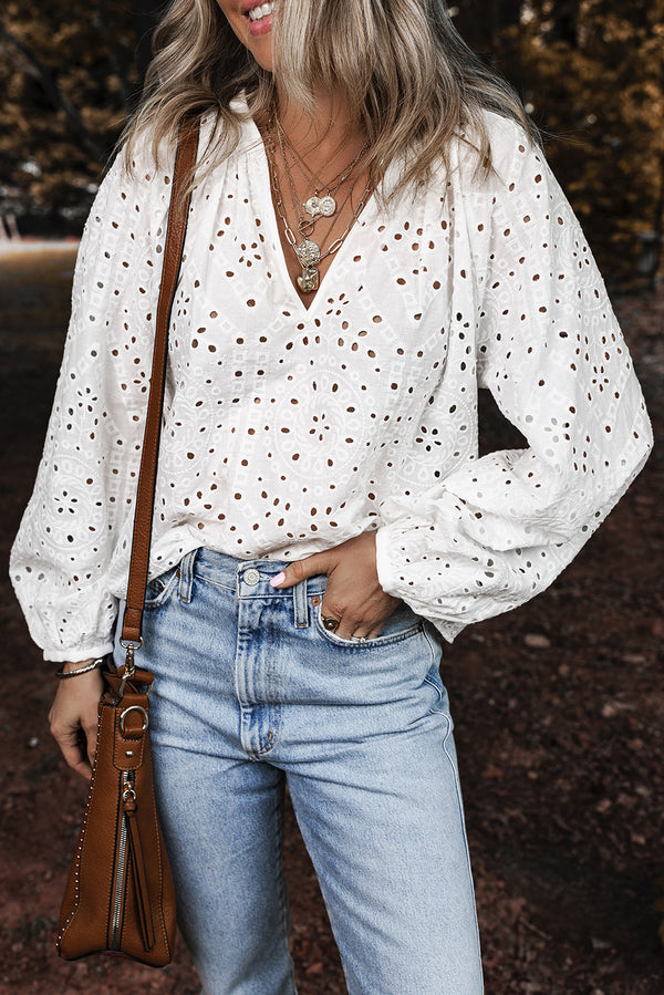 Paige Eyelet Embroidered Puff Sleeve Blouse-0