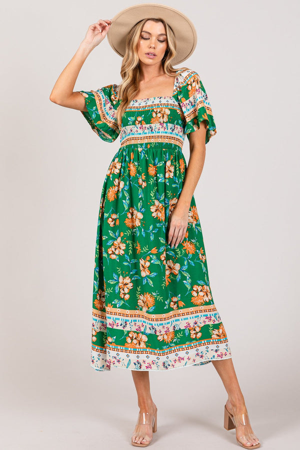 SAGE + FIG Printed Smocked Short Sleeve Midi Dress-0