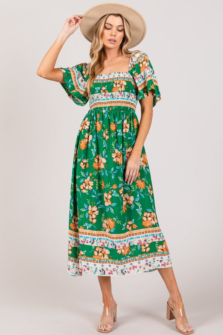 SAGE + FIG Printed Smocked Short Sleeve Midi Dress-0