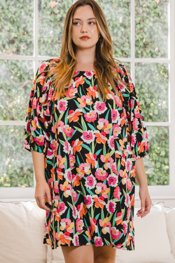ODDI Full Size Floral Puff Sleeve Mini Dress-0