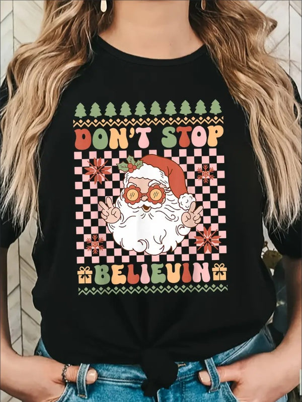 Women'S Christmas Santa Graphic T-Shirt, Casual Crew Neck, Short Sleeve, Medium Stretch, With Floral Alphabet Pattern, For Summer Top