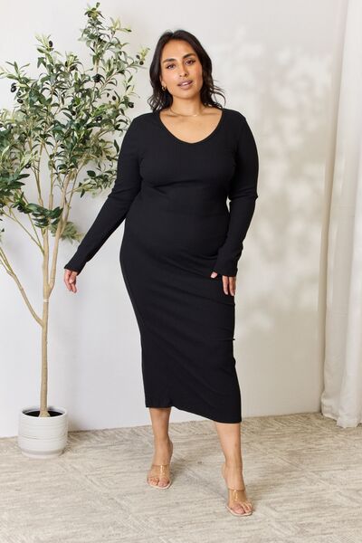 Culture Code Full Size Ribbed Long Sleeve Midi Slit Dress-2