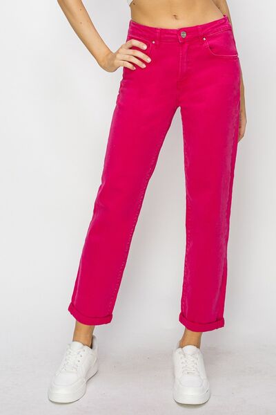 RISEN High Waist Rolled Hem Straight Jeans-0