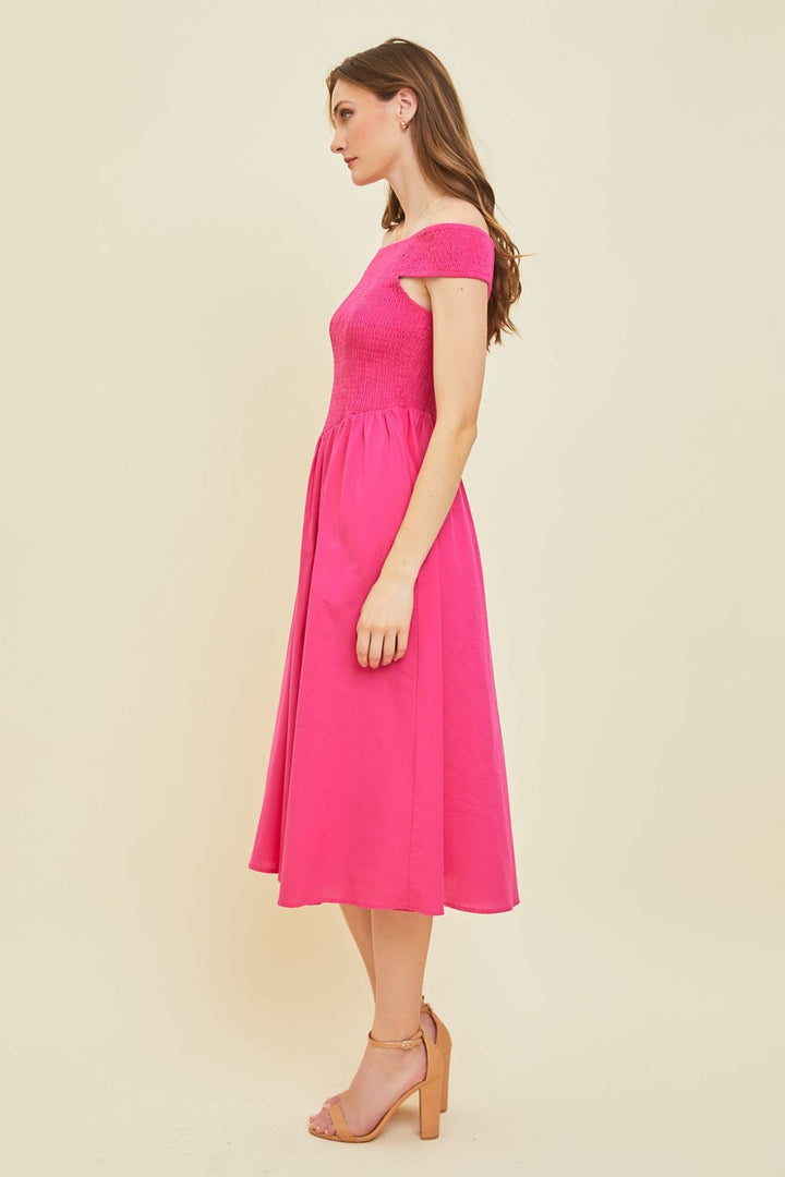 HEYSON Off-Shoulder Smocked Midi Dress-2