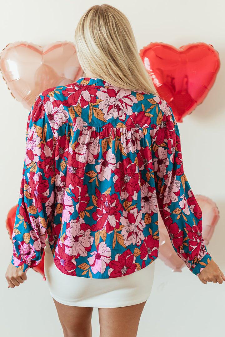 Taylor Floral Balloon Sleeve Half Buttons Blouse-1