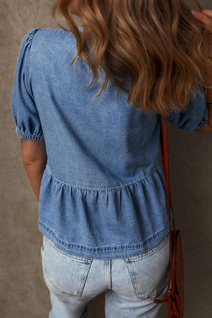 Hope Tied Front Bubble Sleeve Peplum Denim Shirt-1