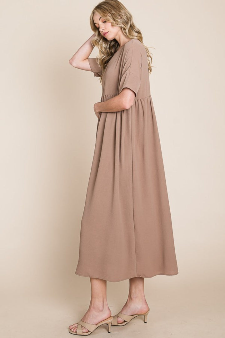 BOMBOM Round Neck Ruched Midi Dress-2