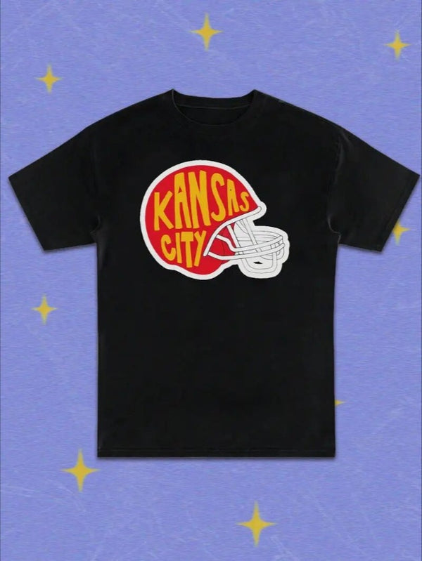 KC, Football Graphic Print T-Shirt - Crew Neck, A Comfortable Women's Short-sleeved Crew Neck T-shirt For Everyday Wear And Stylish Layering