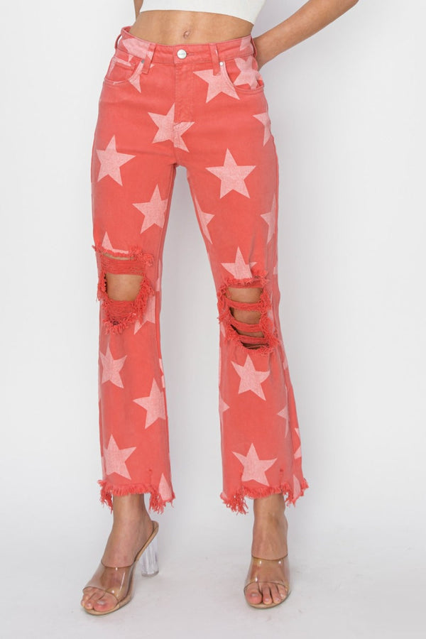 RISEN Full Size Distressed Raw Hem Star Pattern Jeans-0