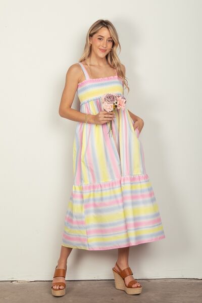VERY J Striped Woven Smocked Midi Cami Dress-4