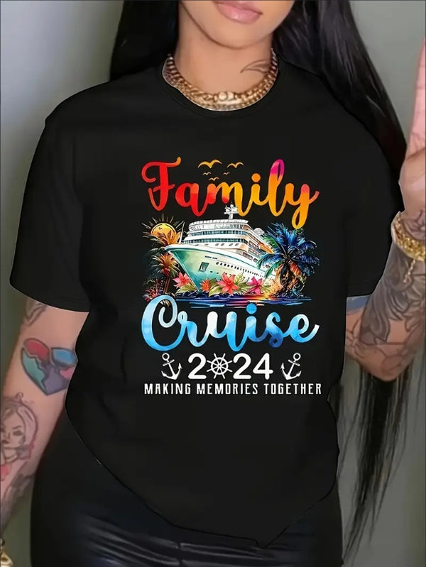 Vibrant Family Cruise Print Crew Neck Tee - Women's Casual Short Sleeve T-Shirts For Spring & Summer, Comfortable Relaxed Fit, Soft Fabric, Perfect For Vacation And Outdoor Activities