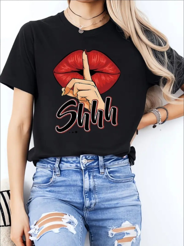 SHHH, Keep Your Voice Down Ladies' Casual Loose Short Sleeves, T-shirts, Basic Tops, Unique Rest, Holiday Gifts Are Preferred, Suitable For Women's Wear In Spring And Summer, Teenagers And Girls
