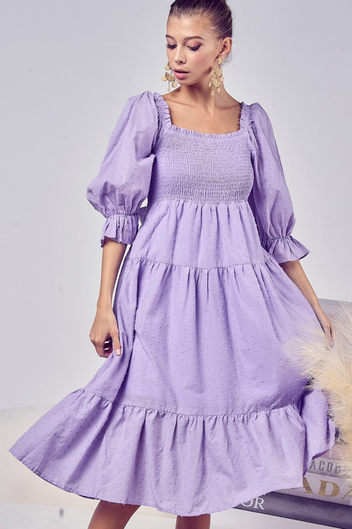 BiBi Swiss Dot Flounce Sleeve Smocked Tiered Midi Dress-3