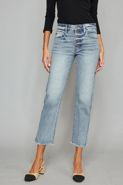 Kancan High Waist Button Fly Raw Hem Cropped Straight Jeans-0