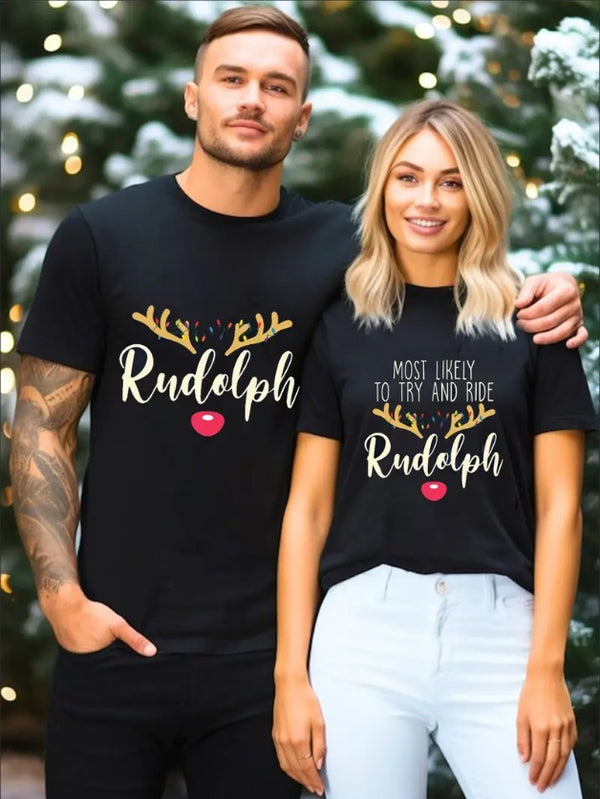 Rudolph Reindeer Merry Christmas Xmas Holiday Family T-Shirt Christmas Couple T-Shirt, Couples Ugly Christmas Matching Shirt, Christamas Couple Shirt, Matching Xmas Shirt