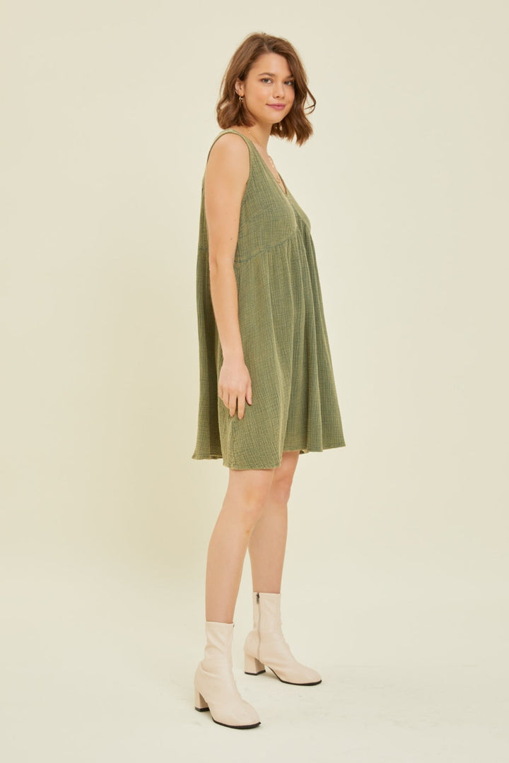 HEYSON Full Size Texture V-Neck Sleeveless Flare Mini Dress-3