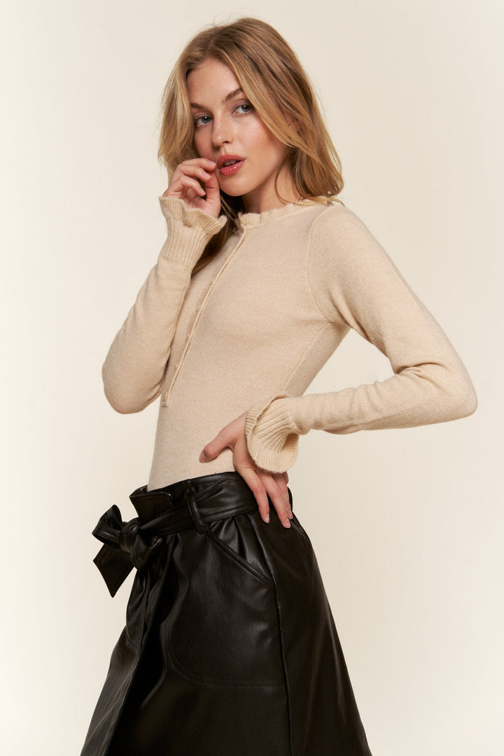 And The Why Half Button Round Neck Long Sleeve Bodysuit-3