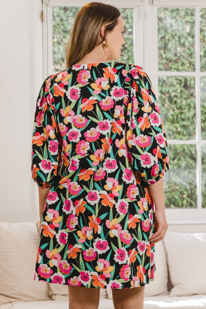 ODDI Full Size Floral Puff Sleeve Mini Dress-1