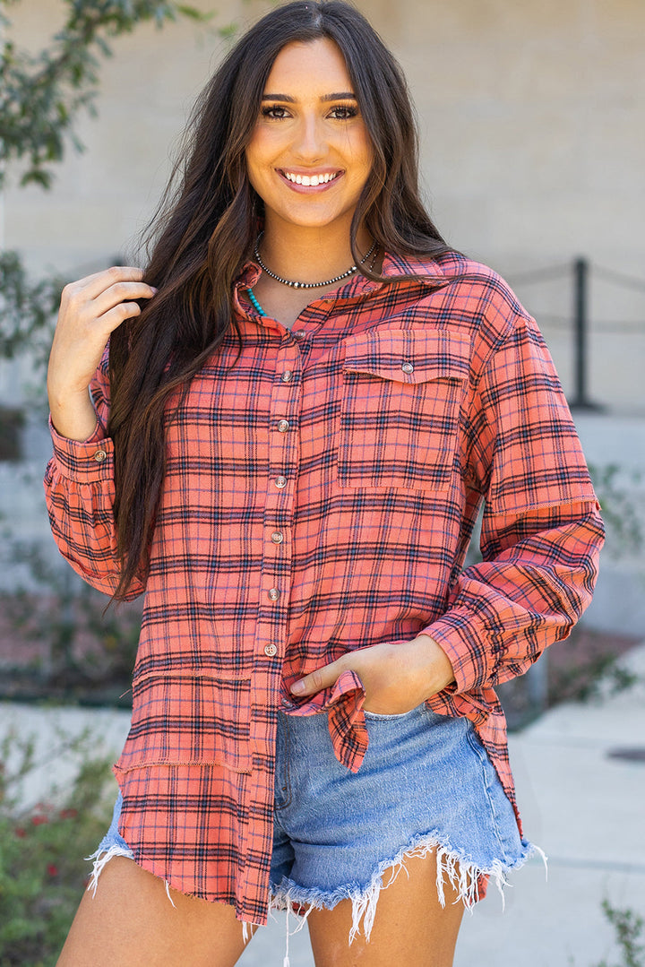 Plaid Long Sleeve Side Split Distressed Shirt-0