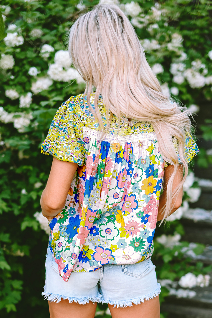 Samira Bubble Sleeve Lace Trim Floral Blouse-1