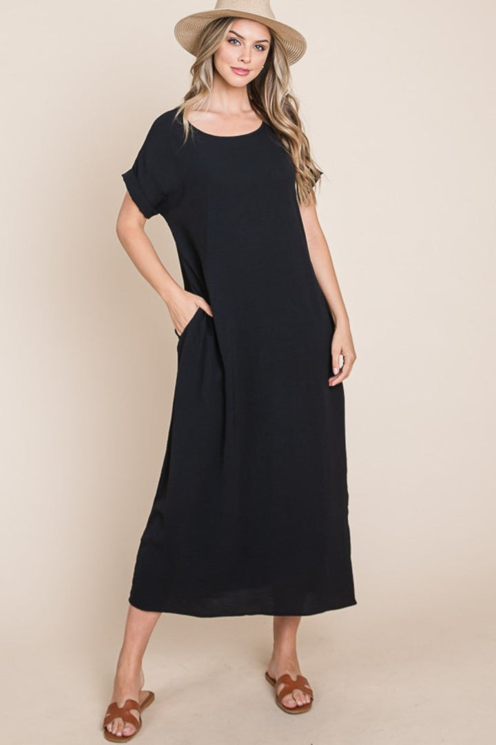 BOMBOM Round Neck Short Sleeve Midi Dress with Pockets-2