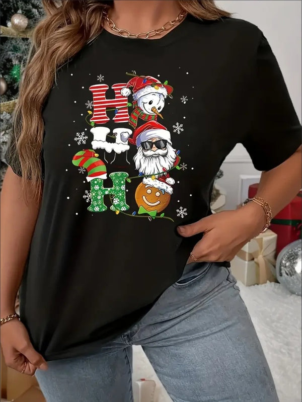 Christmas Themed Holiday T-Shirt For Women - Casual  Round Neck, Festive Santa And Snowman Print, All-Season Comfort