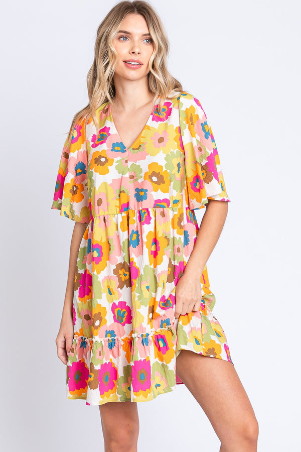 GeeGee Floral V-Neck Ruffle Hem Mini Dress-0