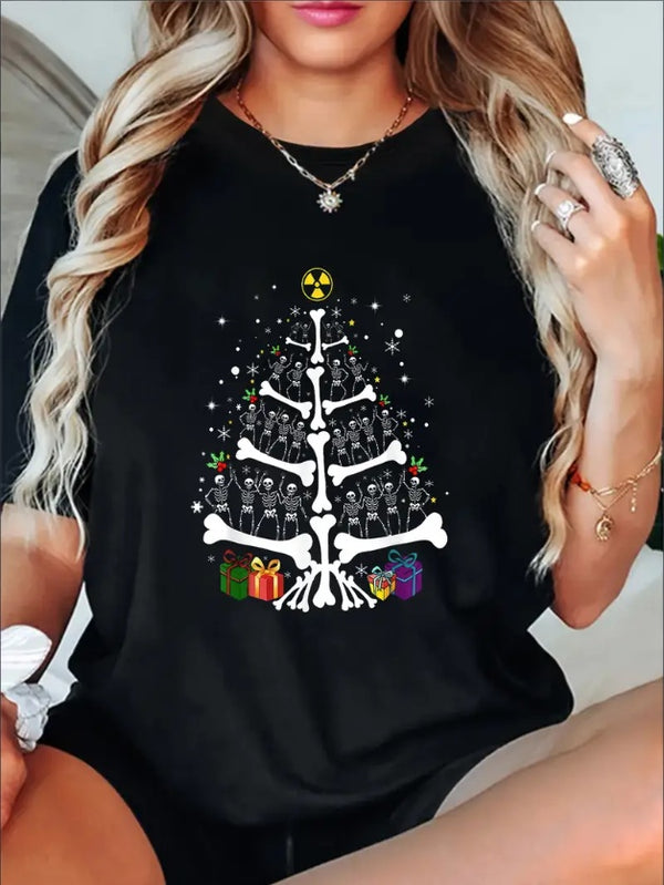 Women's Festive Christmas Tree Graphic Tee - Crew Neck, Short Sleeve Casual Top For Spring & Summer