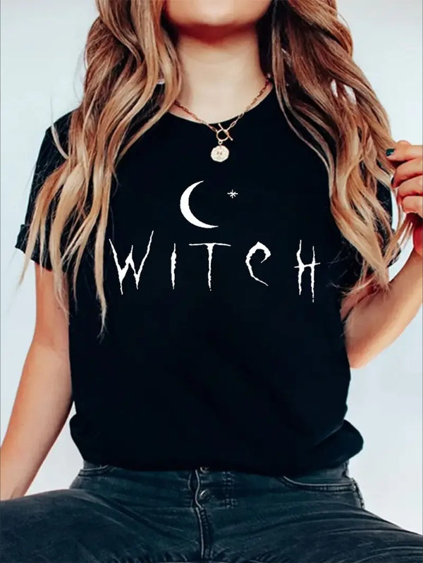 Short Sleeve Crew Neck WITCH Letter Print T-shirt, Casual Top For Summer & Spring, Women's Clothing