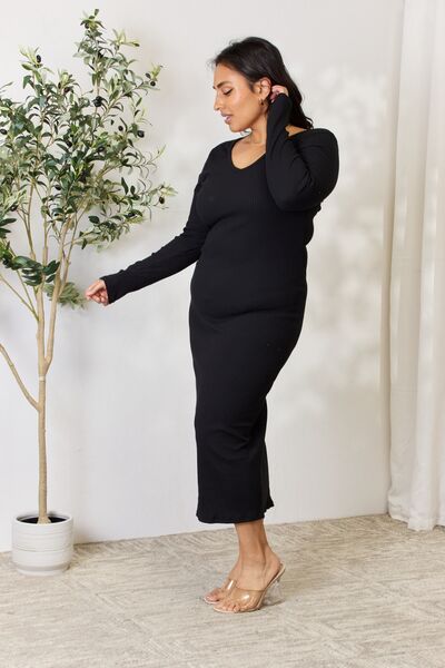 Culture Code Full Size Ribbed Long Sleeve Midi Slit Dress-3