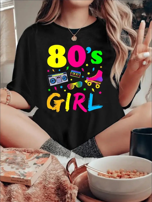 Retro 80'S Aesthetic Women'S T-Shirt -  Crew Neck Short Sleeve Tee With Retro Alphabet Print, Casual Knit Fabric Pullover, Slight Stretch, Regular Fit For All Seasons