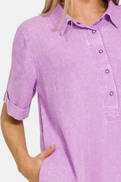 Zenana Washed Linen Raw Hem Dress with Pockets-1