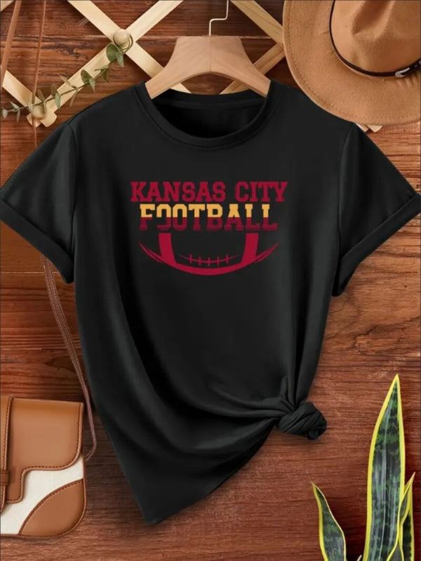 KC, Football Graphic Print T-Shirt - Crew Neck, A Comfortable Women's Short-sleeved Crew Neck T-shirt For Everyday Wear And Stylish Layering