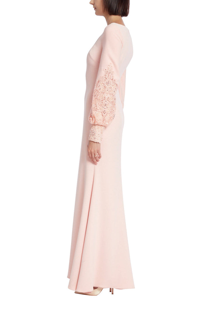 Badgley Mischka scoop neck lace detail bishop sleeve zipper back solid stretch crepe gown-1
