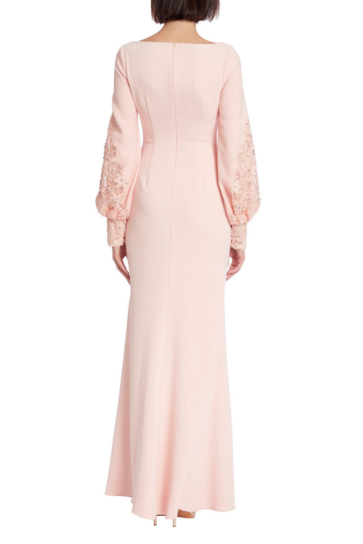 Badgley Mischka scoop neck lace detail bishop sleeve zipper back solid stretch crepe gown-2